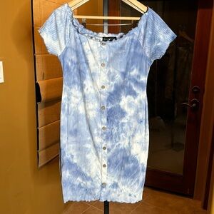 Derek Heart Blue White Tie Dye Off Shoulder Ribbed Mini Dress Size Large